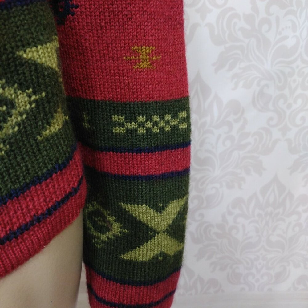 Vintage 90s Aztec Wool Cardigan Sweater Womens M Red Green Button Front - Picture 5 of 12